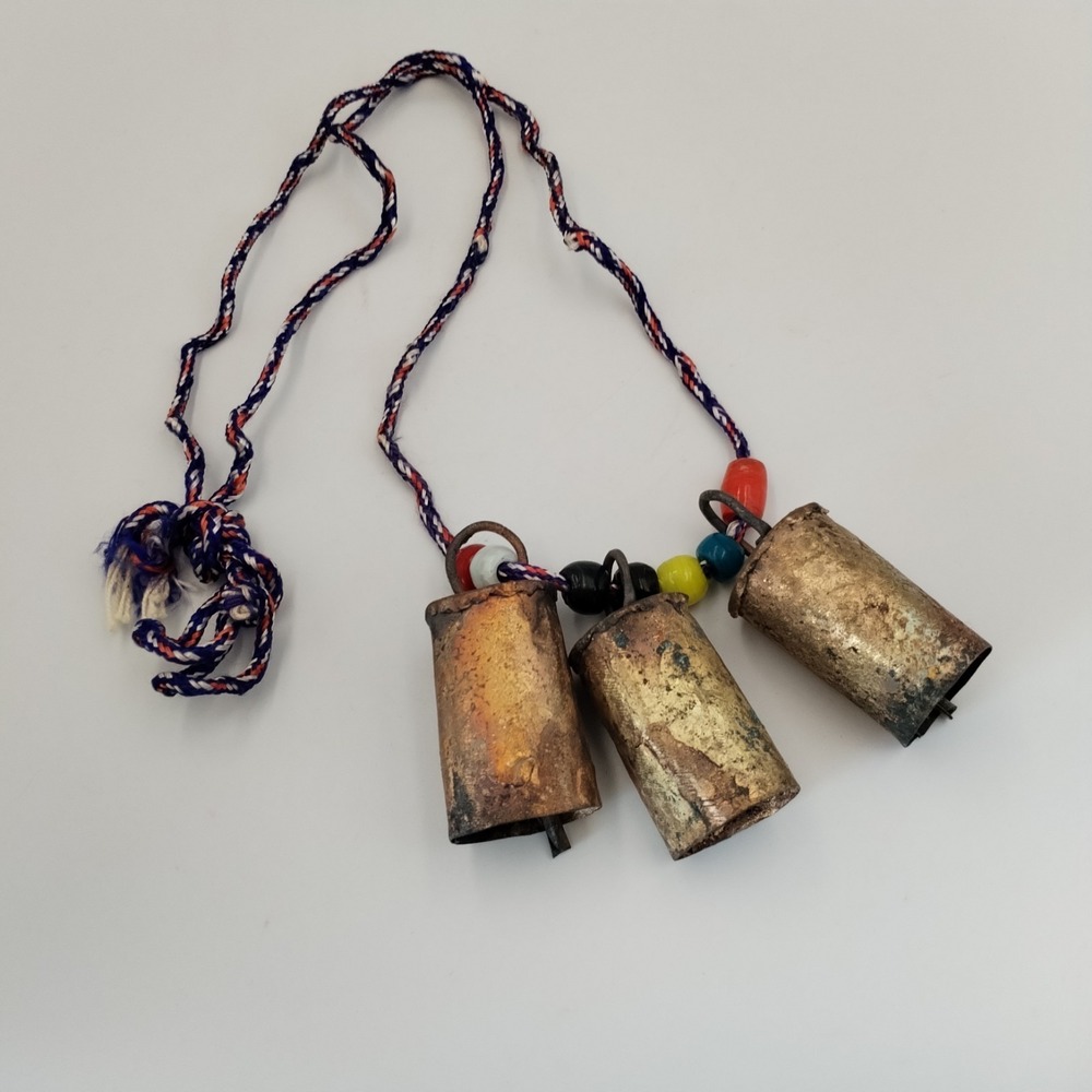 VTG Indian Tin Cow Bells Boho Hanging Cluster 3 Brass Finish Glass Beads Rope